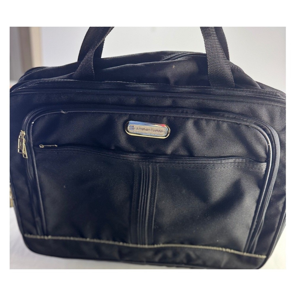 American Tourister Briefcase Black Nylon Travel Bag Carry On Striped Lining